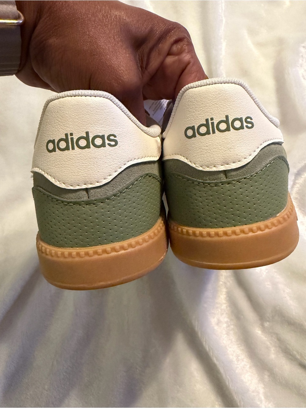 adidas Olive Green Suede Sneakers with White Stripes and Gum Sole - Picture 10 of 11